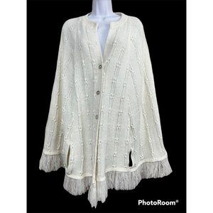 Vtg Californian‎ Knitwear Cape Shawl Ivory Fringe Button Up Granny Prairie Retro